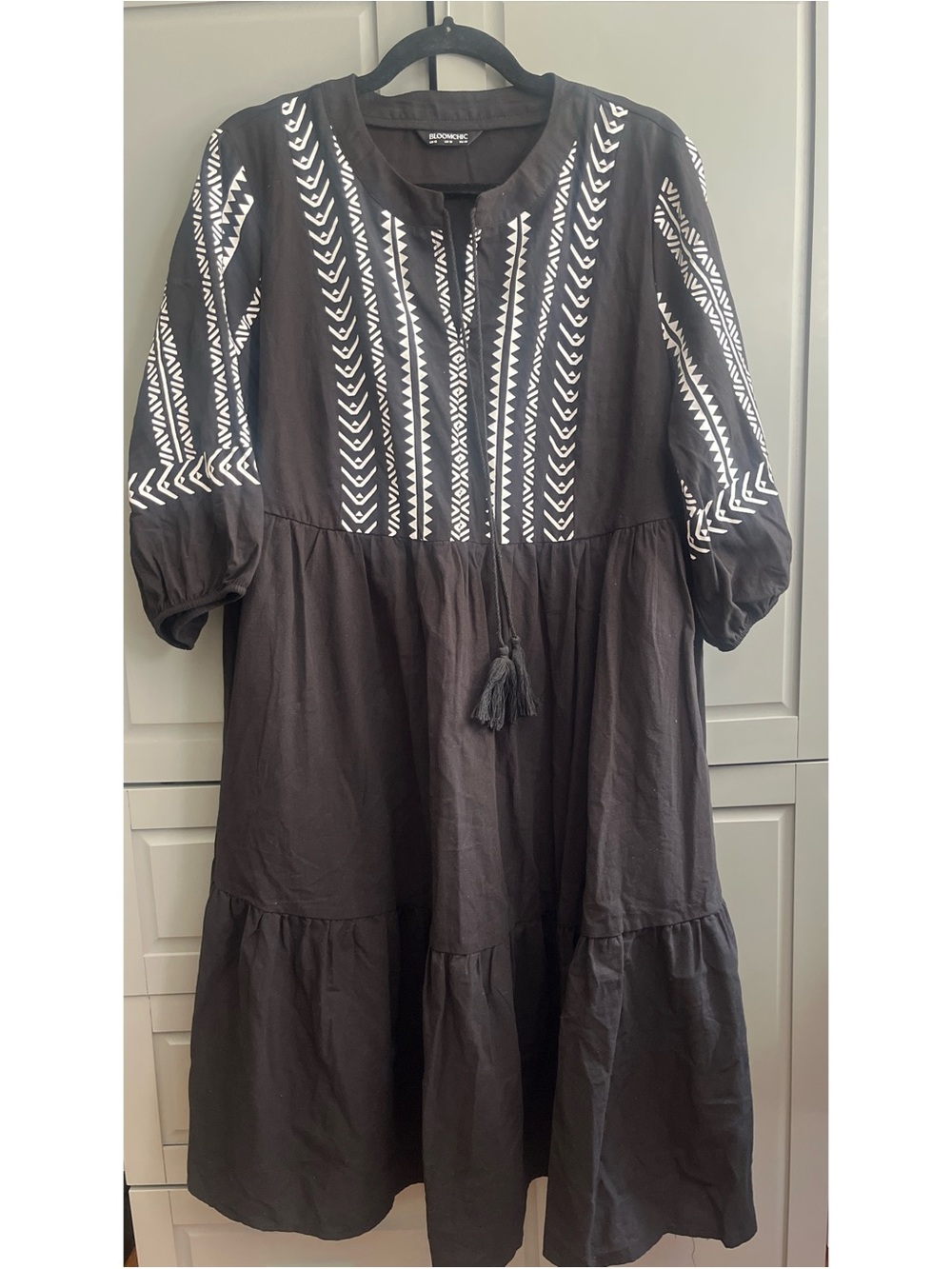 BloomChic Cotton Geometric Bandana Print Black & White Tassel Trim Dress